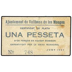 1 Pesseta. Juny 1937. Aj. de VALLBONA DE LES MONGES. Cartulina. Tirada 1.000 billetes. (Algo sucio).