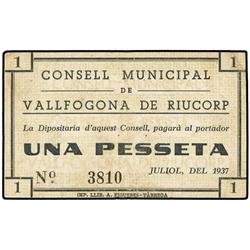 1 Pesseta. Juliol 1937. C.M. de VALLFOGONA DE RIUCORP. ESCASO. AT-2665d; T-3084d. MBC.
