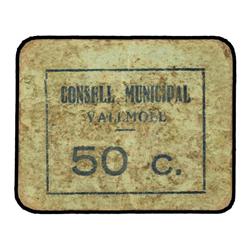 50 Cèntims. S/F. C.M. de VALLMOLL. Cartón. Sin sello tampón. (Sucio). AT-2679a; T-3097a. MBC.