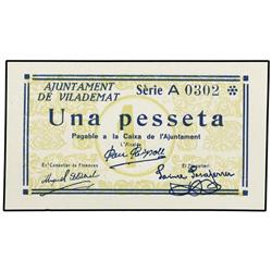 1 Pesseta. S/F. Aj. de VILADEMAT. ESCASO. AT-2772 ; T-3208. S/C.