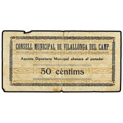 50 Cèntims. S/F. C.M. de VILALLONGA DEL CAMP. (Roturas). ESCASO. AT-2807, T-3245. MBC-.