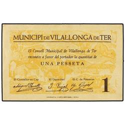 1 Pesseta. 1 Juny 1937. C.M. de VILALLONGA DE TER. (Pequeñas roturas, esquinas algo dobladas). ESCAS