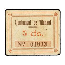 5 Cèntims. S/F. Aj. de VILANANT. Cartulina. Sello tampón violeta. (Algo sucio). MUY ESCASO. AT-2818a