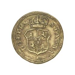 Ponderal 4 Escudos. Anv.: DOPPIA SPAGNA. Castillos y leones cuartelados. 13,46 grs. Latón. Ø 25 mm.