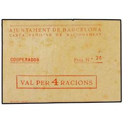 Vale por 4 Raciones. Aj. de BARCELONA. Carta familiar de racionamiento. Papel. Manuscrito a lápiz en