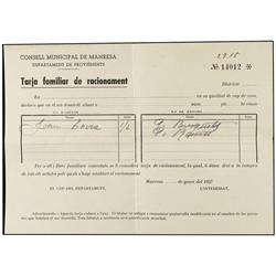 Tarjeta familiar de racionamiento. Gener 1937. C.M. de MANRESA. DEPARTAMENT DE PROVEÏMENTS. Papel. M