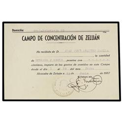 Recibo de 39 Pesetas. Junio 1937. CAMPO DE CONCENTRACIÓN DE ZELUÁN. ALCAZABA E ZELUÁN (Melilla). EBC