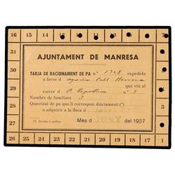 Tarjeta de racionamiento de pan. Juny 1937. Aj. de MANRESA. Cartolina. EBC.