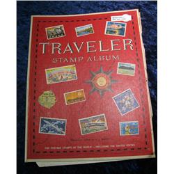 203. Traveler Stamp Album with dozens of Old stamps.