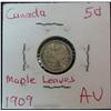 Image 1 : 442. 1909 Maple Leaves Canada 5-Cent Silver. AU.
