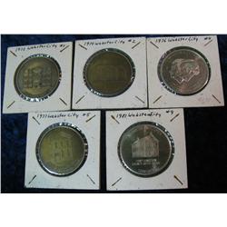 1054. Webster City, Iowa Coin & Antique Show Medals #1, 2, 4, 5, & 9. All 39mm. Brass or Nickel.