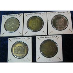 1056. Webster City, Iowa Coin & Antique Show Medals #1, 2, 4, 5, & 9. All 39mm. Brass or Nickel.