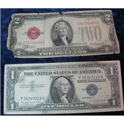 1291. Series 1957A 1-Dollar & 28D $2. US Note. F, AU.