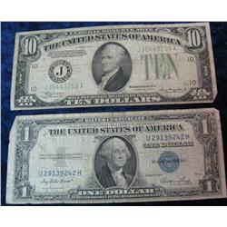 1293. Series 1935E 1-Dollar & 1934A $10. Federal Reserve Note.