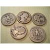 5 Silver Washington Quarters, 1939,1940-S, 1936, 1938, 1934