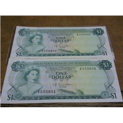 2-1974 BAHAMAS DOLLARS (CONSECUTIVE SERIAL #'S)