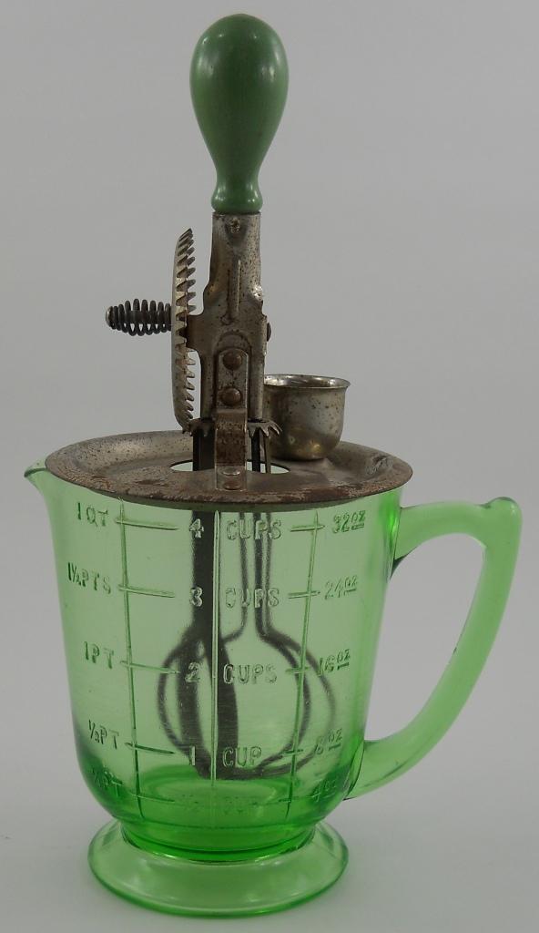 Green Depression Glass A & J Beater Mixer and Handled Bowl