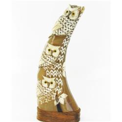 RARE White Water Buffalo Horn Scrimshaw 3 Owls  (CLB-580)