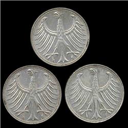 1963-67 Germany Silver 5 Mark Hi Grade 3 Pcs (COI-8497)