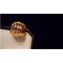 Antique Dinner Ring, 6 Diamonds, 6 Rubies, 18K Gold-9.3 Grams