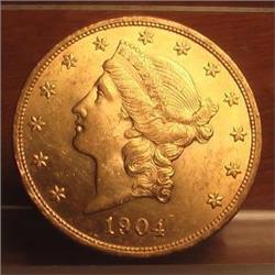 1904 Gold $20 Brilliant Uncirculated Liberty Double Eagle Coin