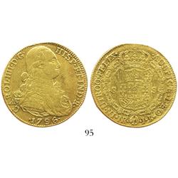 Bogota, Colombia, bust 8 escudos, Charles IV, 1796JJ.