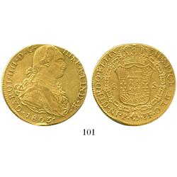 Popayan, Colombia, bust 8 escudos, Charles IV, 1803JF, salvaged.
