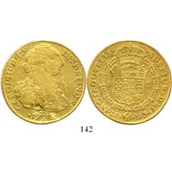 Lima, Peru, bust 8 escudos, Charles III, 1778MJ, salvaged.