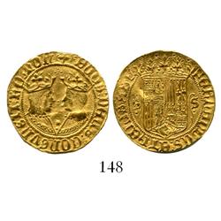 Seville, Spain, 1 excelente, Ferdinand-Isabel (1474-1504), Gothic legends, 3 dots at top, large dot