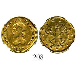 Bogota, Colombia, 1 escudo, 1823JF, encapsulated NGC XF-40, rare.