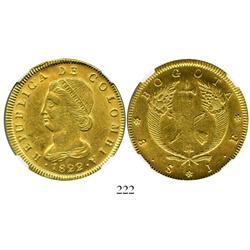Bogota, Colombia, 8 escudos, 1822JF, encapsulated NGC AU-58.