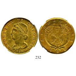 Bogota, Colombia, 8 escudos, 1830RS, encapsulated NGC AU-55, plain edge, unique.