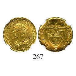 Popayan, Colombia, 2 pesos, 1846UE, encapsulated NGC UNC details, rim damage.