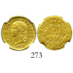 Popayan, Colombia, 2 pesos, 1858/48-P, encapsulated NGC XF details, rim damage.
