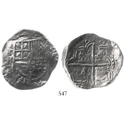 Potosi, Bolivia, cob 8 reales, Philip III, assayer R (curved leg), Grade 1.