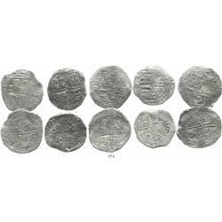 Lot of 5 Potosi, Bolivia, cob 8 reales, Philip III, various assayers (where visible), all Grade 1.