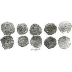 Lot of 5 Potosi, Bolivia, cob 8 reales, Philip III, various assayers (where visible), all Grade 2.