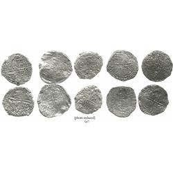 Lot of 5 Potosi, Bolivia, cob 8 reales, Philip III, various assayers (where visible), all Grade 3.