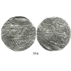 Potosi, Bolivia, cob 4 reales, Philip II, assayer B (2nd period, "Great Module"), Grade 1.