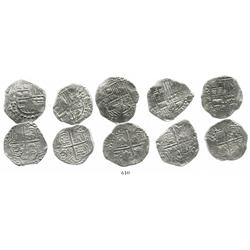 Lot of 5 Potosi, Bolivia, cob 4 reales, Philip III, various assayers (where visible), all Grade 1.