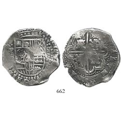 Potosi, Bolivia, cob 8 reales, (1649)O, with crowned-G countermark on shield side, rare.
