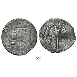 Potosi, Bolivia, cob 8 reales, 1651O, with crowned-L countermark on cross, encapsulated ICG VG-8, wi