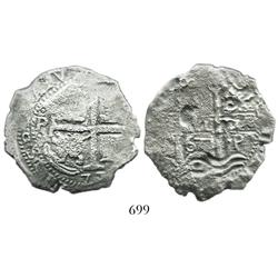 Potosi, Bolivia, cob 8 reales, 1677E, date as "677" between pillars, unique variety.