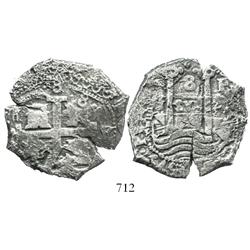 Potosi, Bolivia, cob 8 reales, 1679V, mintmark P at upper right, scarce variety.