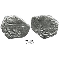 Potosi, Bolivia, cob 1 real, 1672E, assayer to left of cross, rare.