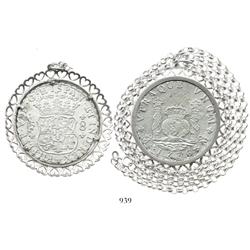 Mexico City, Mexico, pillar 8 reales, Philip V, 1736MF, mounted in a sterling silver bezel (hearts d