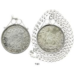 Mexico City, Mexico, pillar 8 reales, Philip V, 1738MF, mounted in a sterling silver bezel with neck