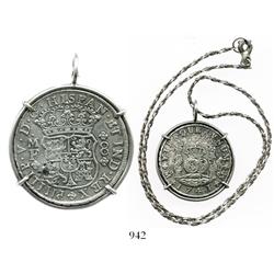 Mexico City, Mexico, pillar 8 reales, Philip V, 1741MF, mounted in sterling silver bezel with neckla