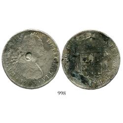 Potosi, Bolivia, bust 8 reales, Charles IV, 1793PR, with English countermark of George III on bust (