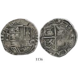 Potosi, Bolivia, cob 8 reales, Philip II, P-B (3rd period).